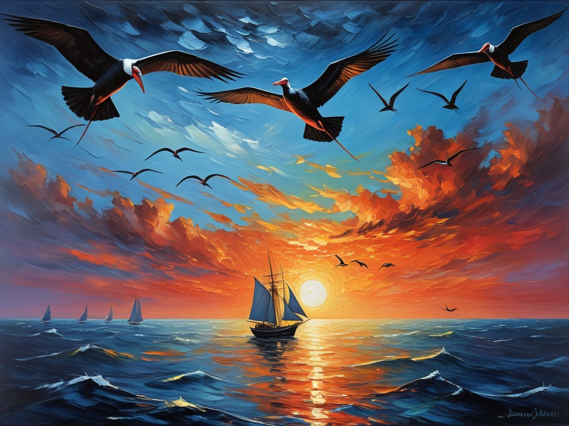 Vibrant Sunset Over Calm Ocean with Sailboats and Birds