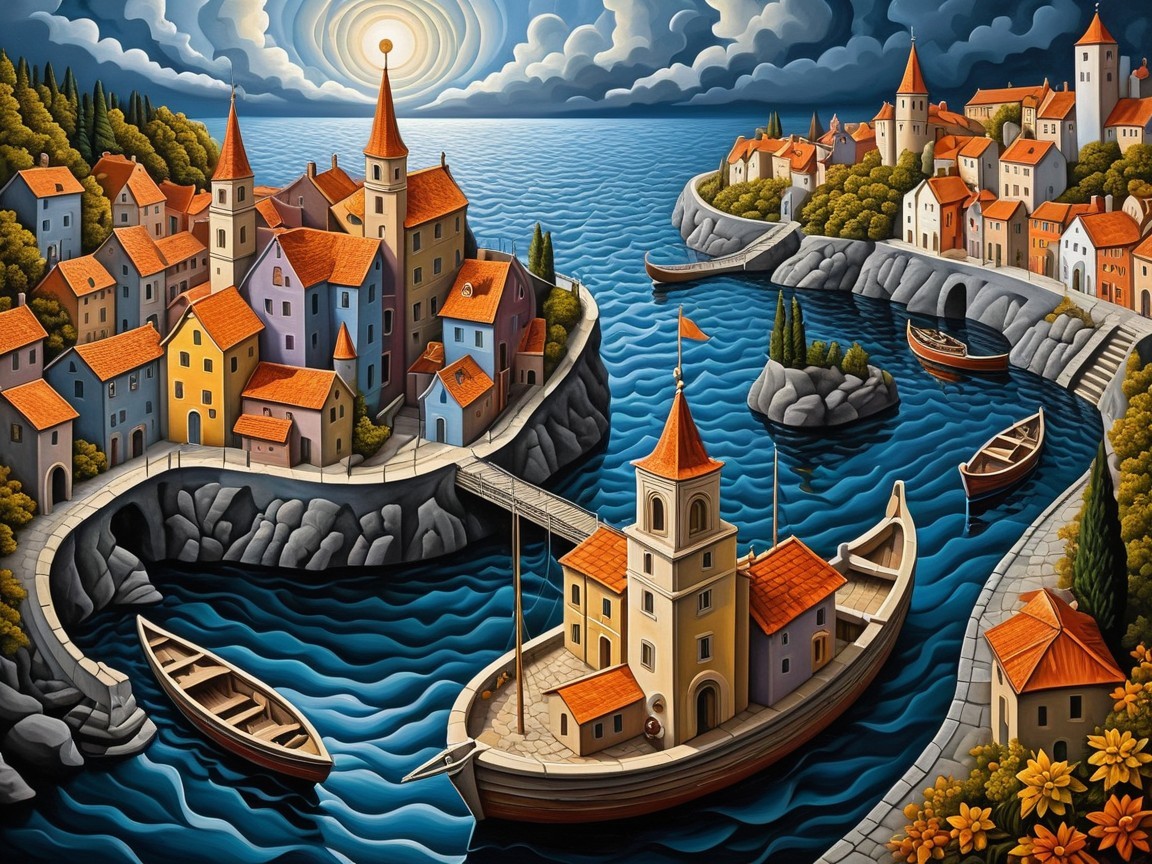 Vibrant Coastal Village with Colorful Houses and Waterways
