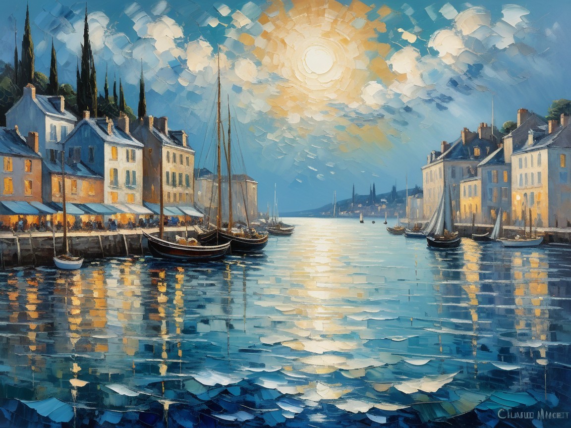 Vibrant Sunset Harbor Scene with Colorful Boats