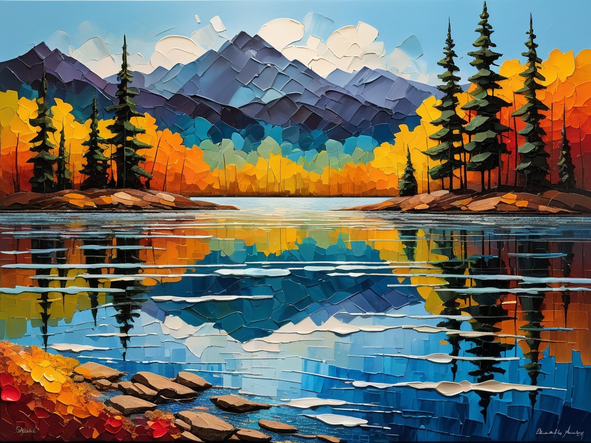 Vibrant Autumn Landscape with Lake and Mountains