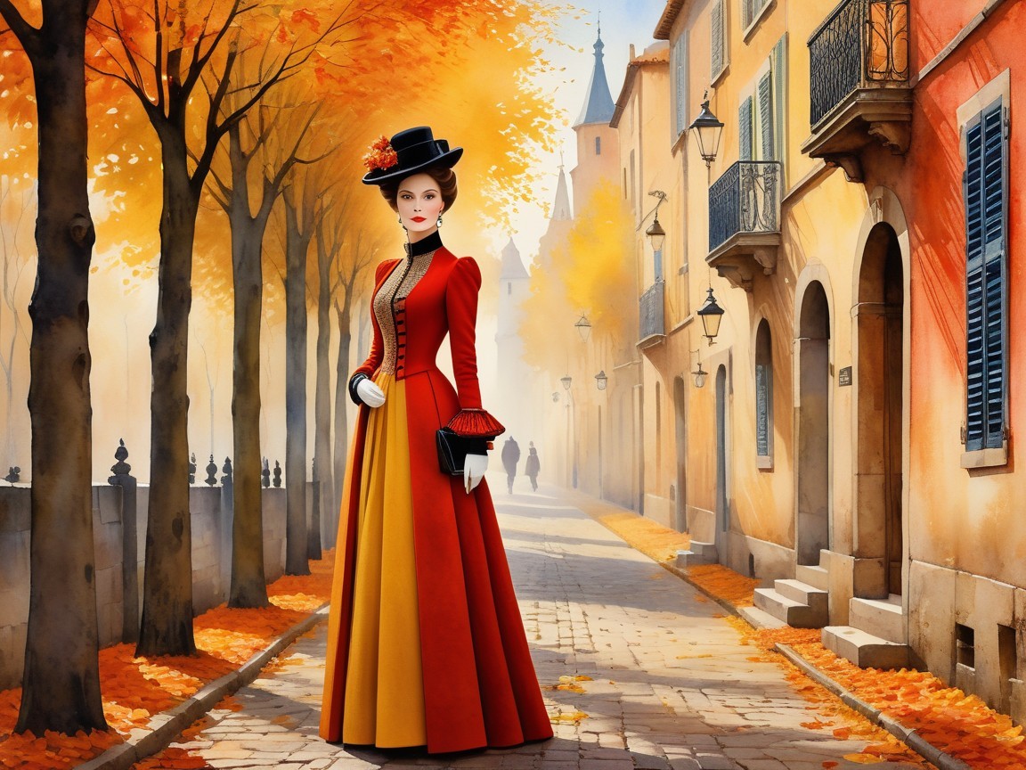Stylish Woman in Vibrant Gown on Cobblestone Street