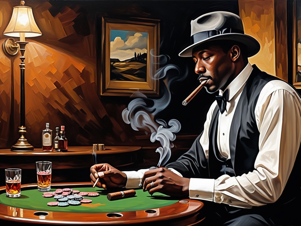 Stylish Man at Casino Table with Poker Chips and Whiskey