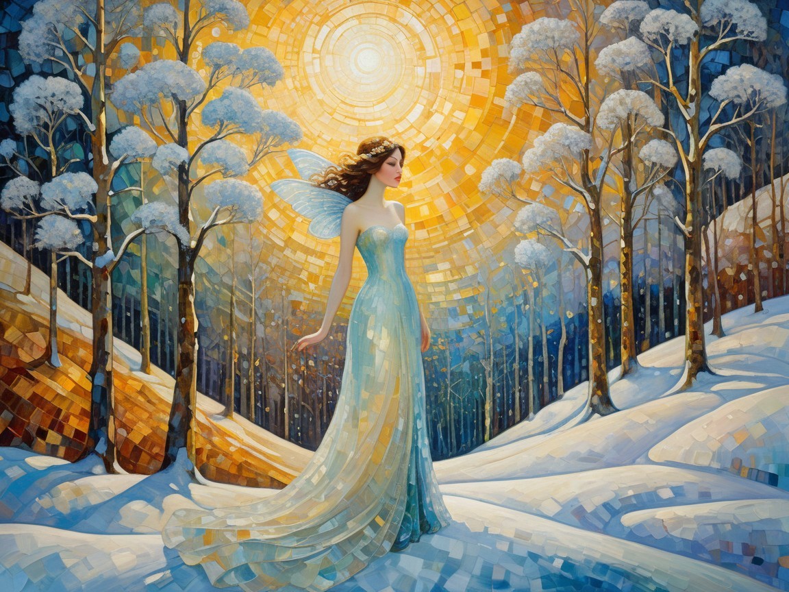 Serene Winter Scene with Ethereal Figure and Wings
