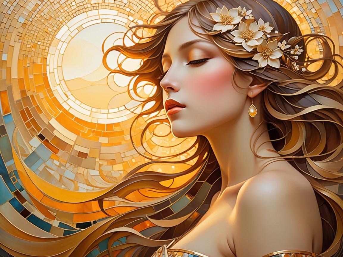 Serene Woman with Flowing Hair and Floral Adornments