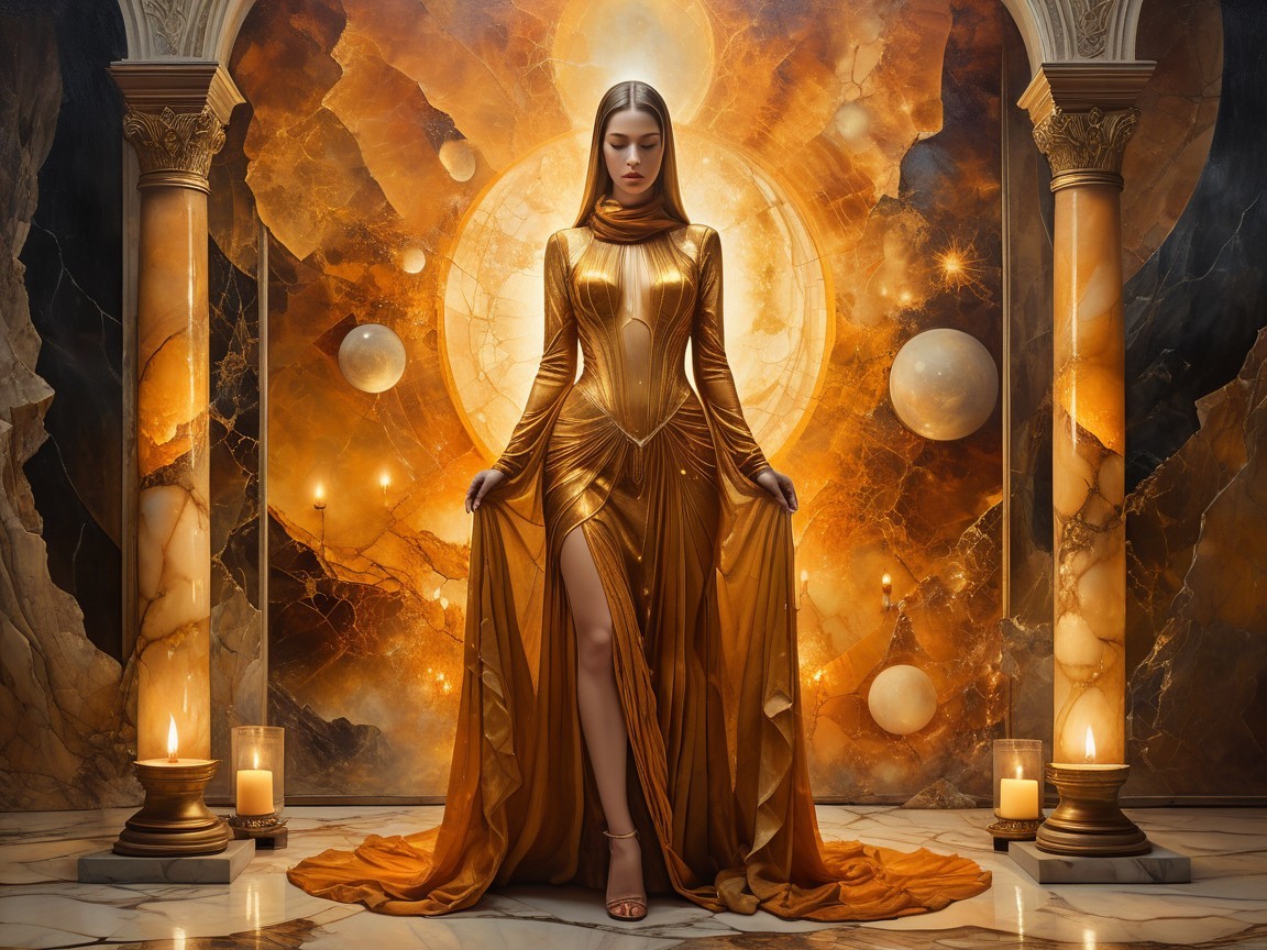 Metallic Gold Gown Against Celestial Backdrop