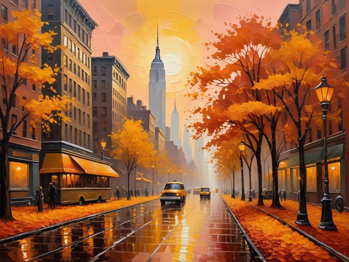 Autumn City Street with Trees and Sunset Reflection