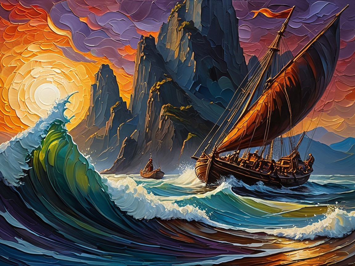 Vibrant Seascape at Sunset with Sailing Ship and Waves