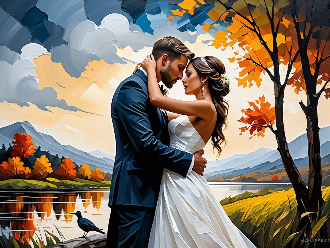 Couple Embraced by Autumn Lake and Mountains