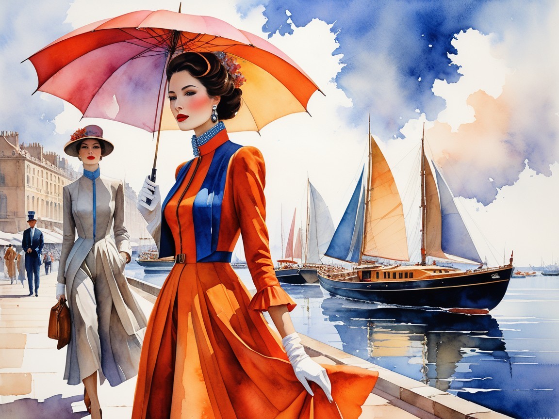 Watercolor of Women Strolling by Waterfront Promenade
