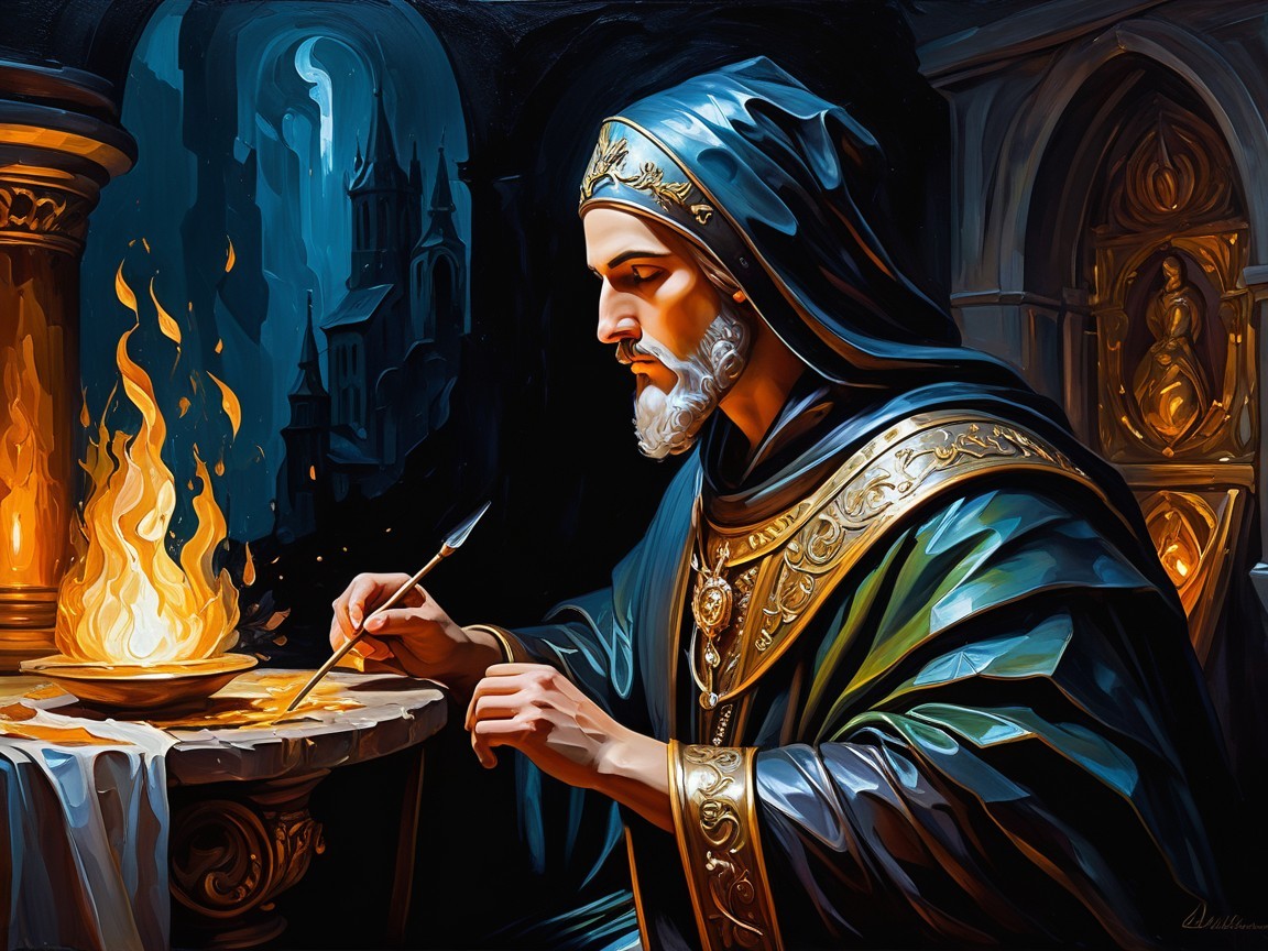 Regal figure in robes examines flames in dark castle