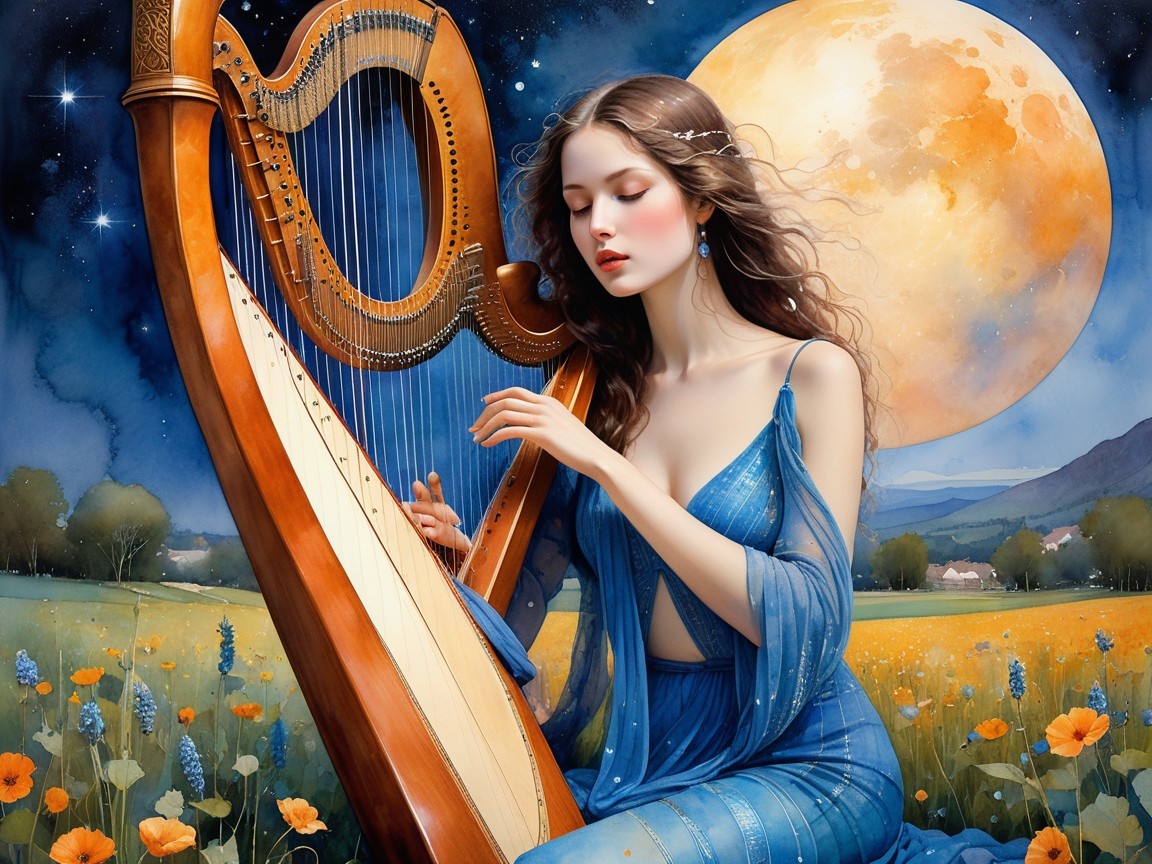 Woman Playing Harp Under a Luminous Moonlit Sky