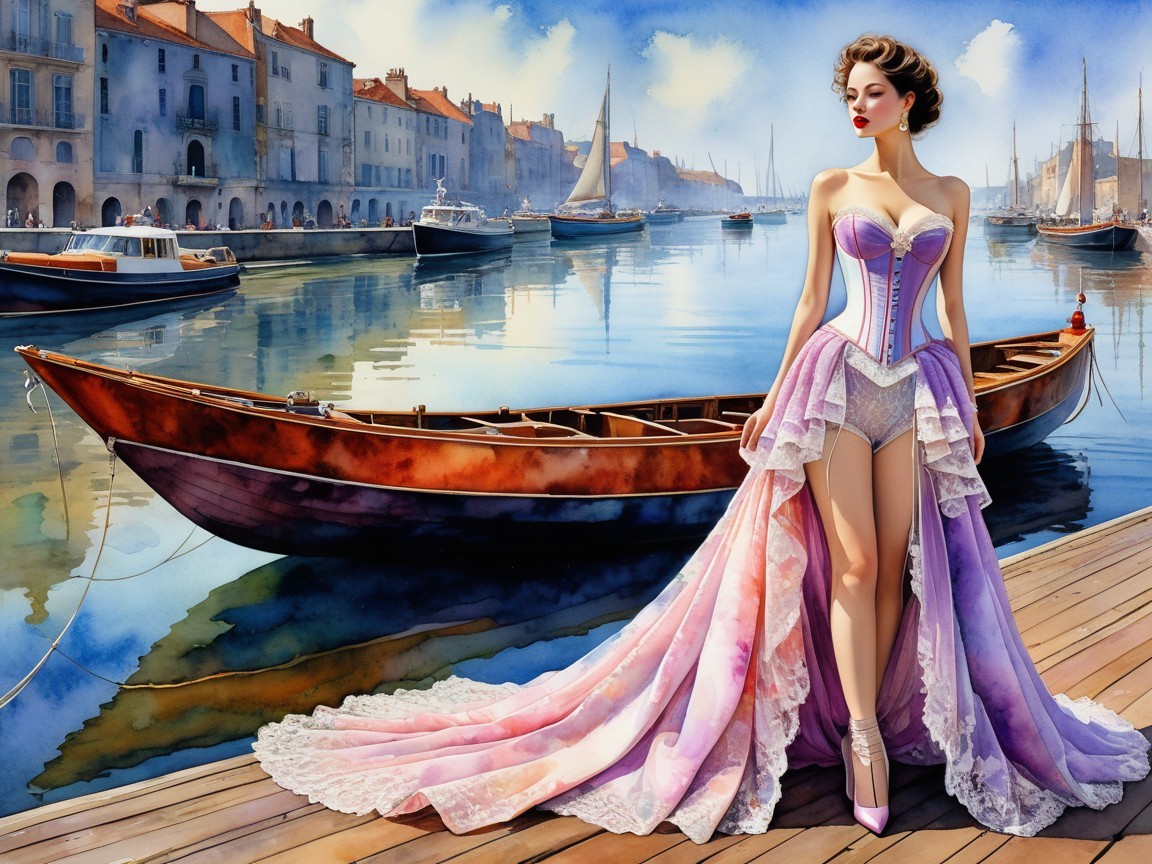 Elegant Woman in Lavish Purple and Pink Gown on Dock