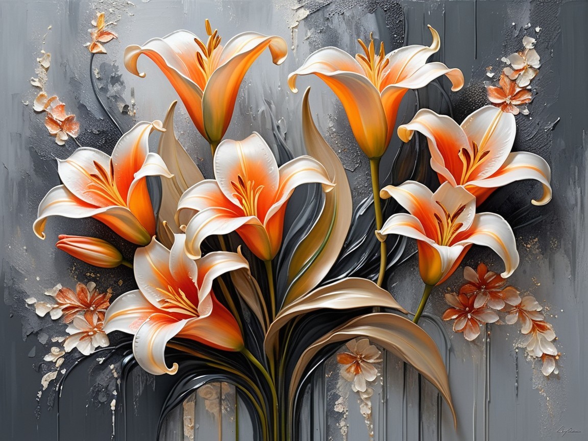 Vibrant Orange and White Lilies on Gray Background