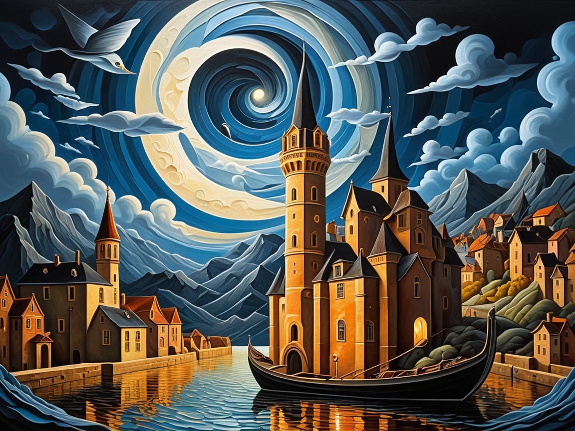 Enchanted village by serene waterway with towers