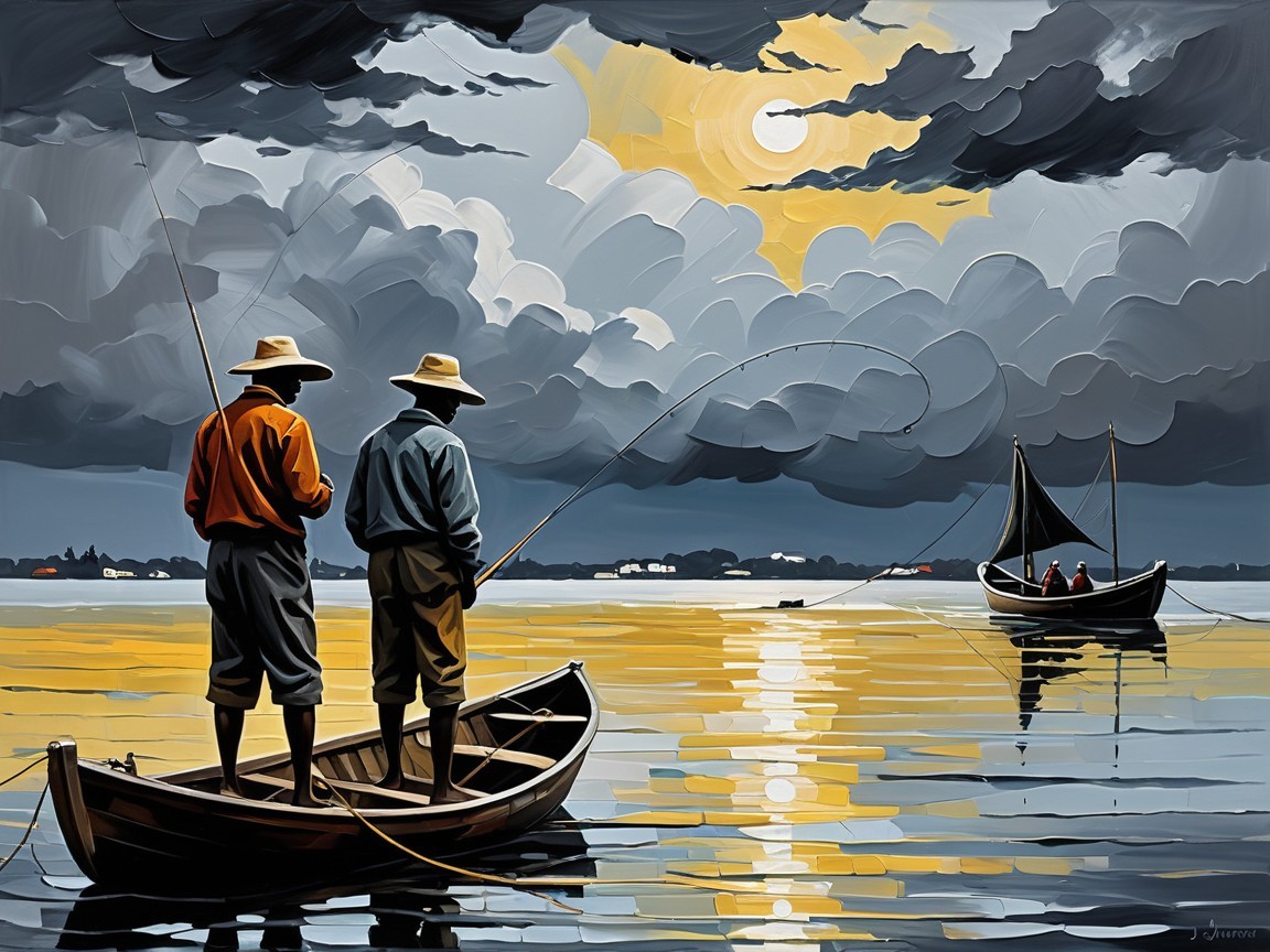 Fishermen in a Boat Under Dramatic Cloudy Sky