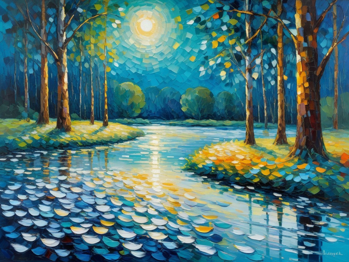 Vibrant River Landscape with Lush Trees and Sunlight