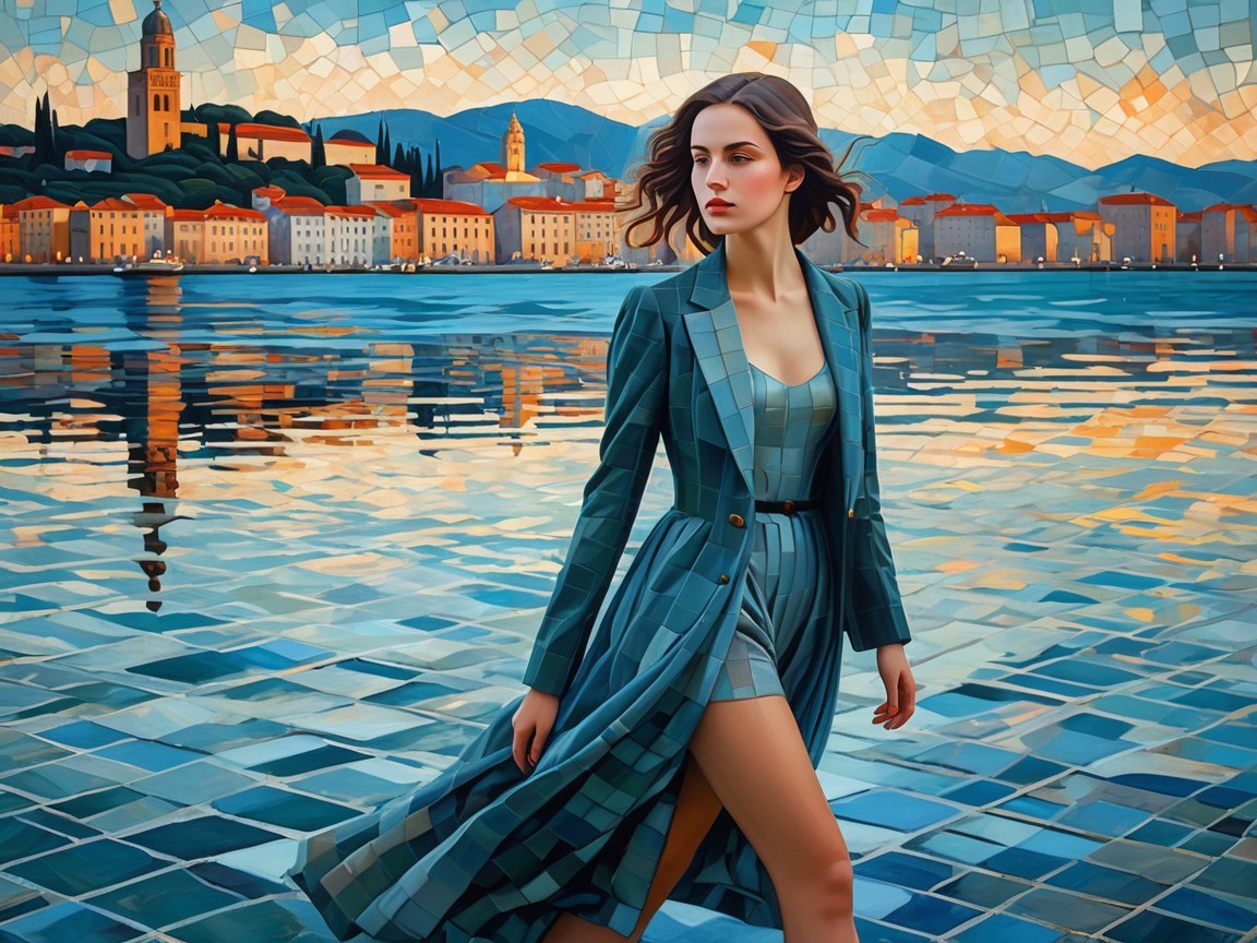 Woman in Blue Suit Near Coastal Town and Ocean