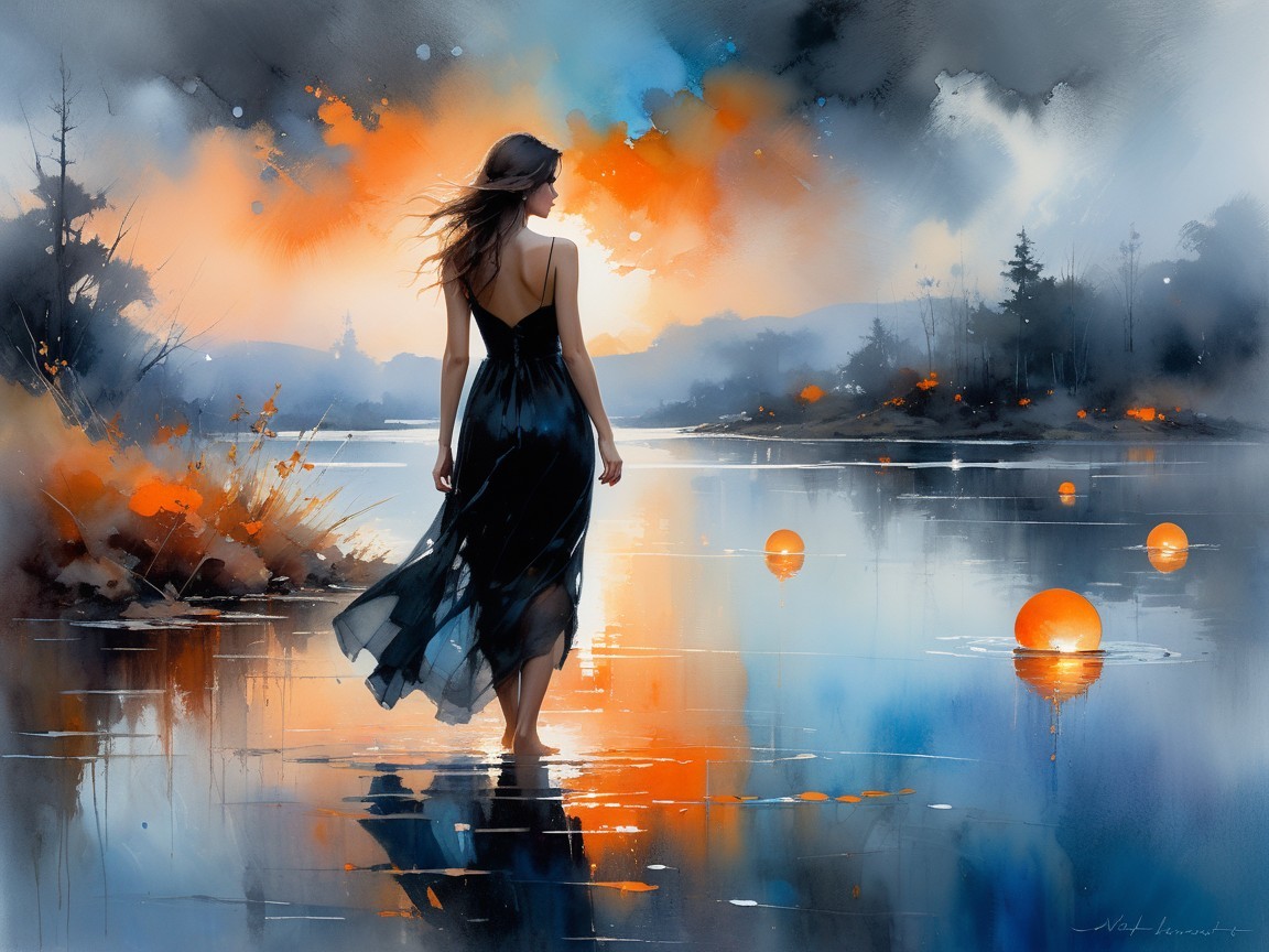 Woman in Black Dress by Tranquil Lake at Sunset