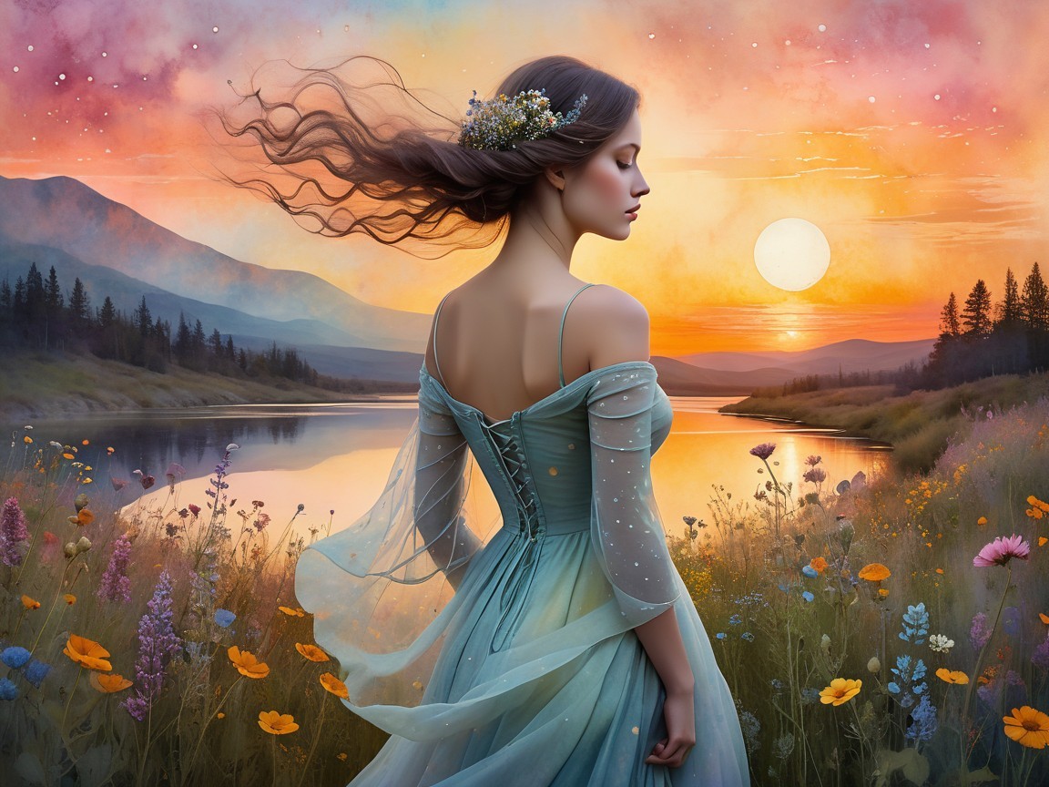 Young woman by serene lake at sunset in gown