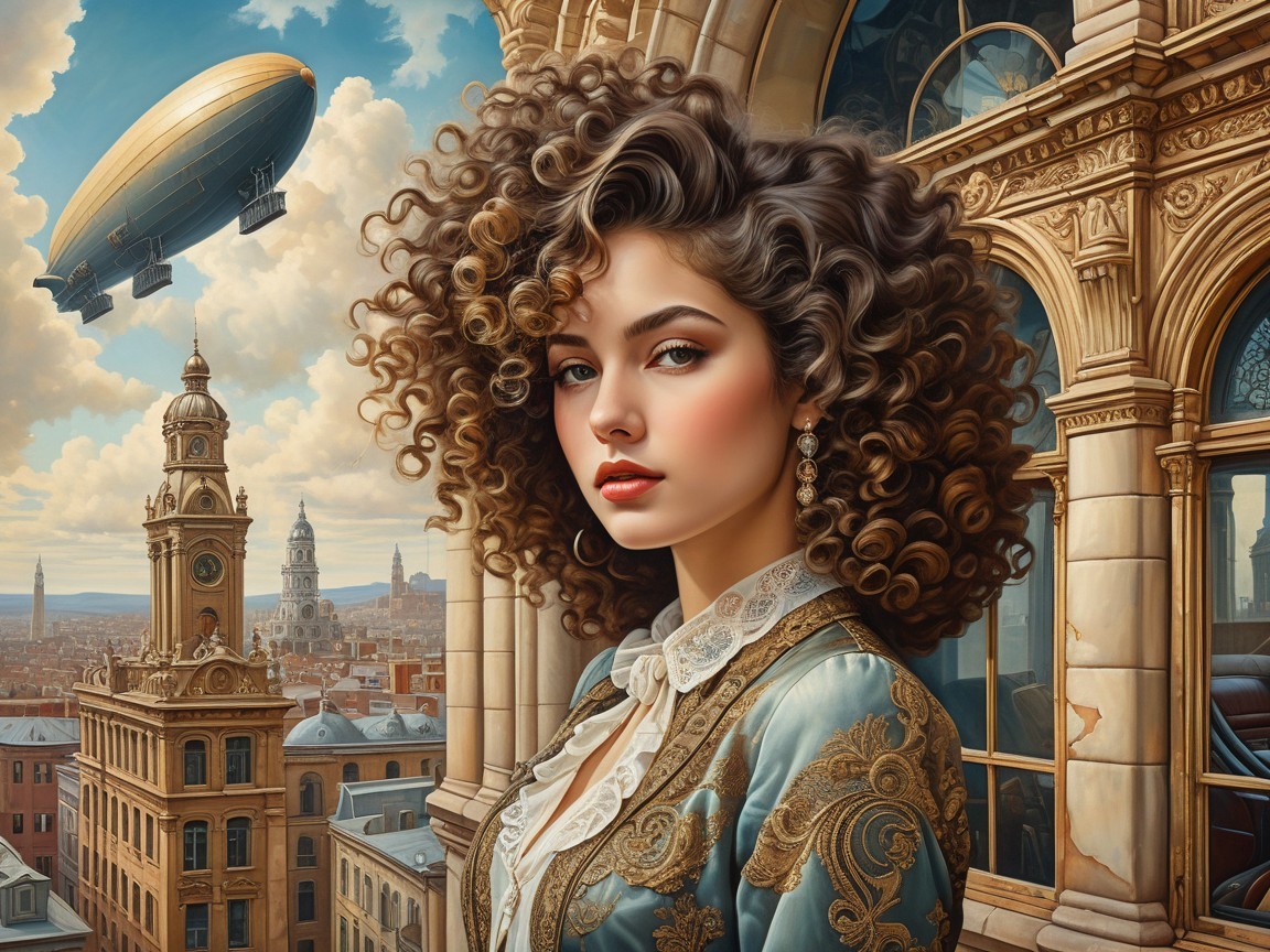 Young Woman in Vintage Dress on Grand Balcony