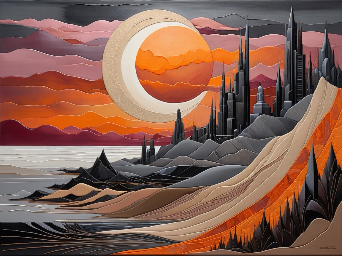 Surreal Landscape with Sunset and City Skyline