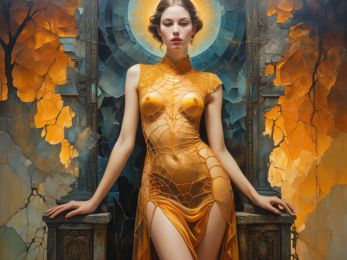 Ethereal Figure in Golden Gown Against Warm Backdrop