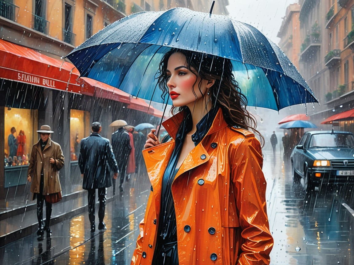 Stylish Woman in Orange Trench Coat with Blue Umbrella