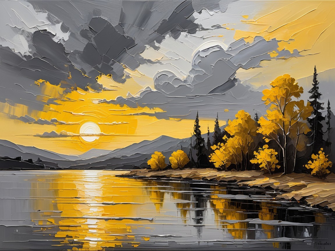 Lakeside Landscape Painting at Sunset with Trees