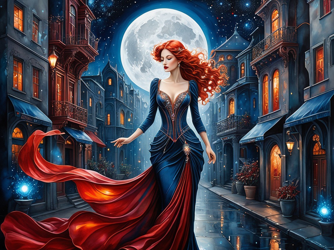 Elegant Woman in Blue Gown on Moonlit Street