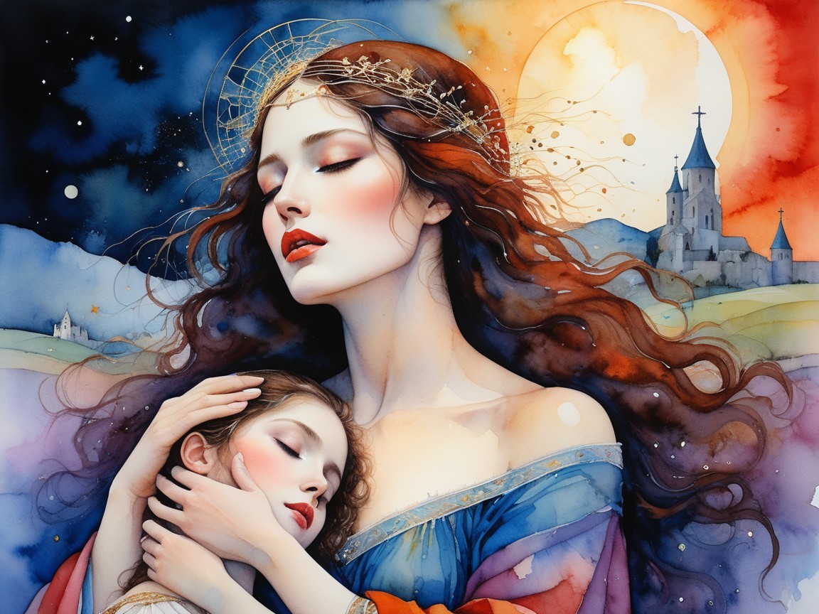 Ethereal Scene of Woman and Girl in Twilight Sky