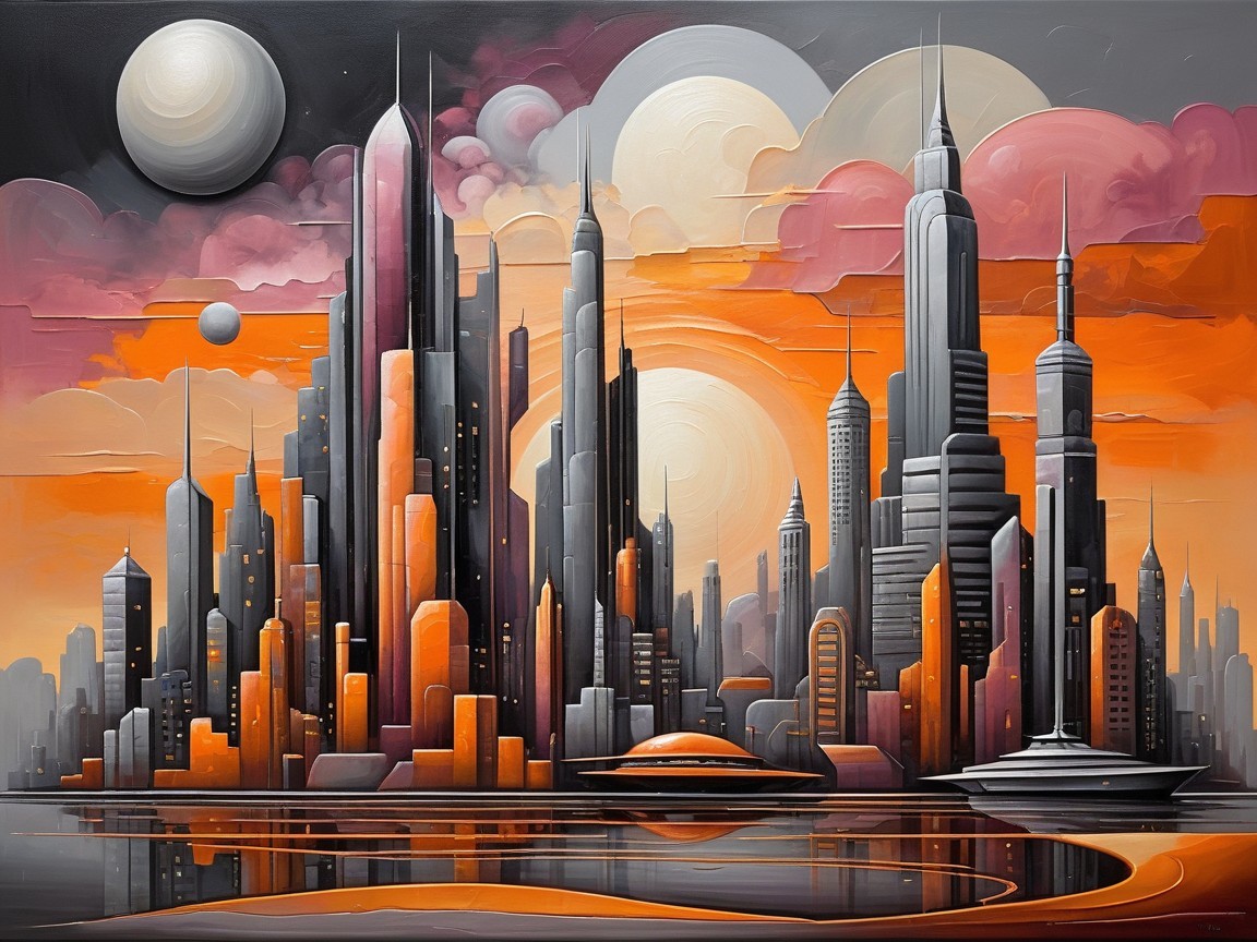 Futuristic City Skyline at Sunset with Reflective Water