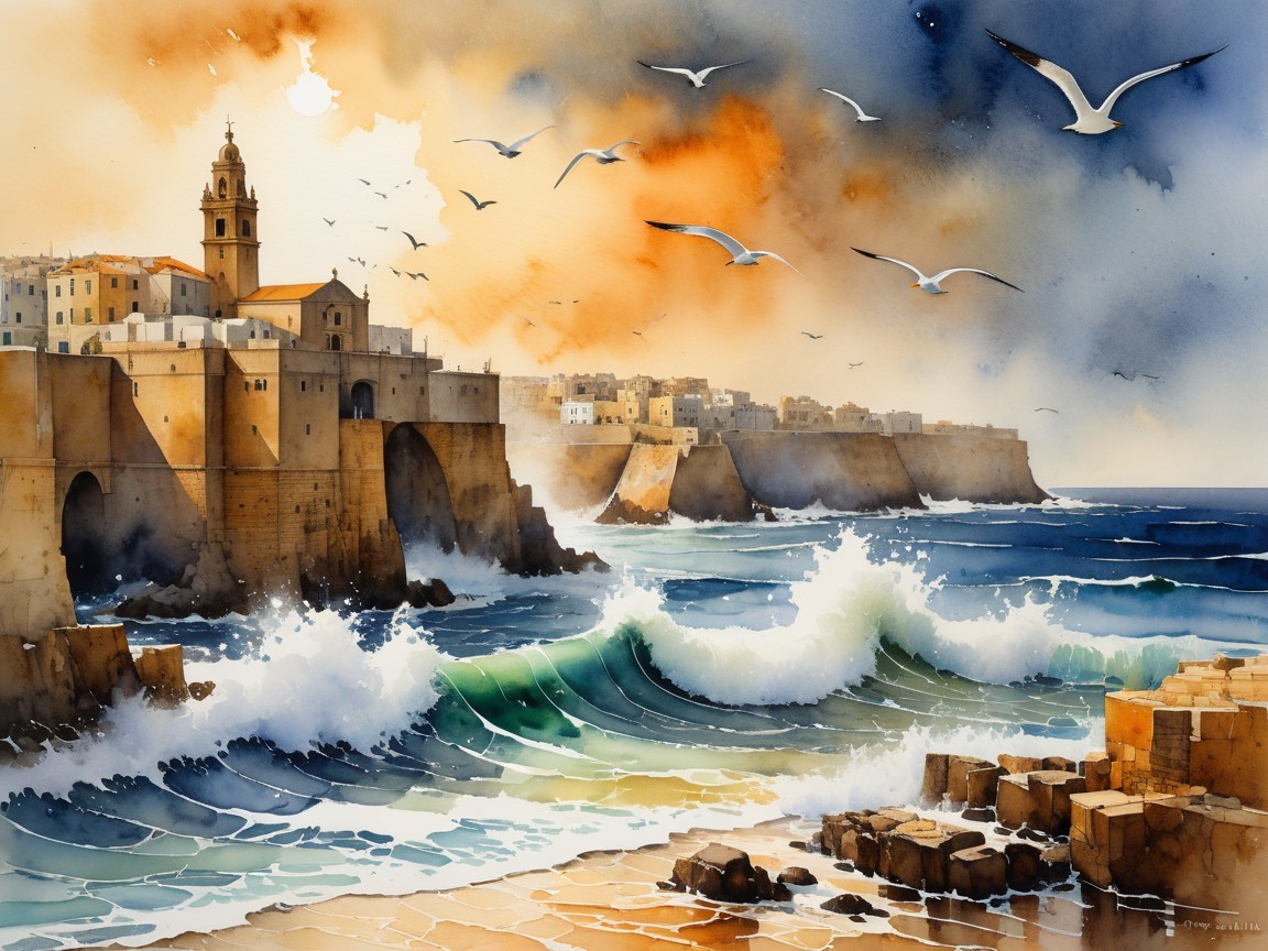 Coastal Town at Sunset in Vibrant Watercolor Scene