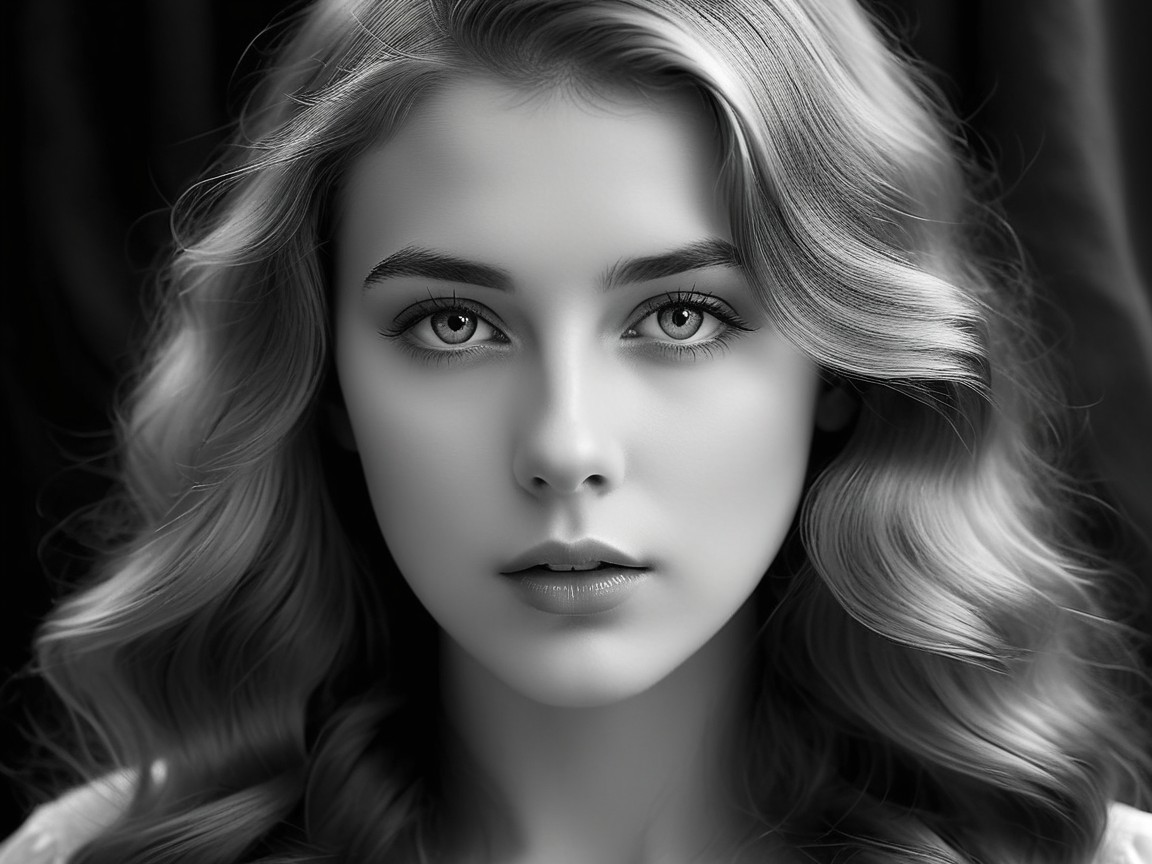 Black-and-white portrait of a young woman with wavy hair