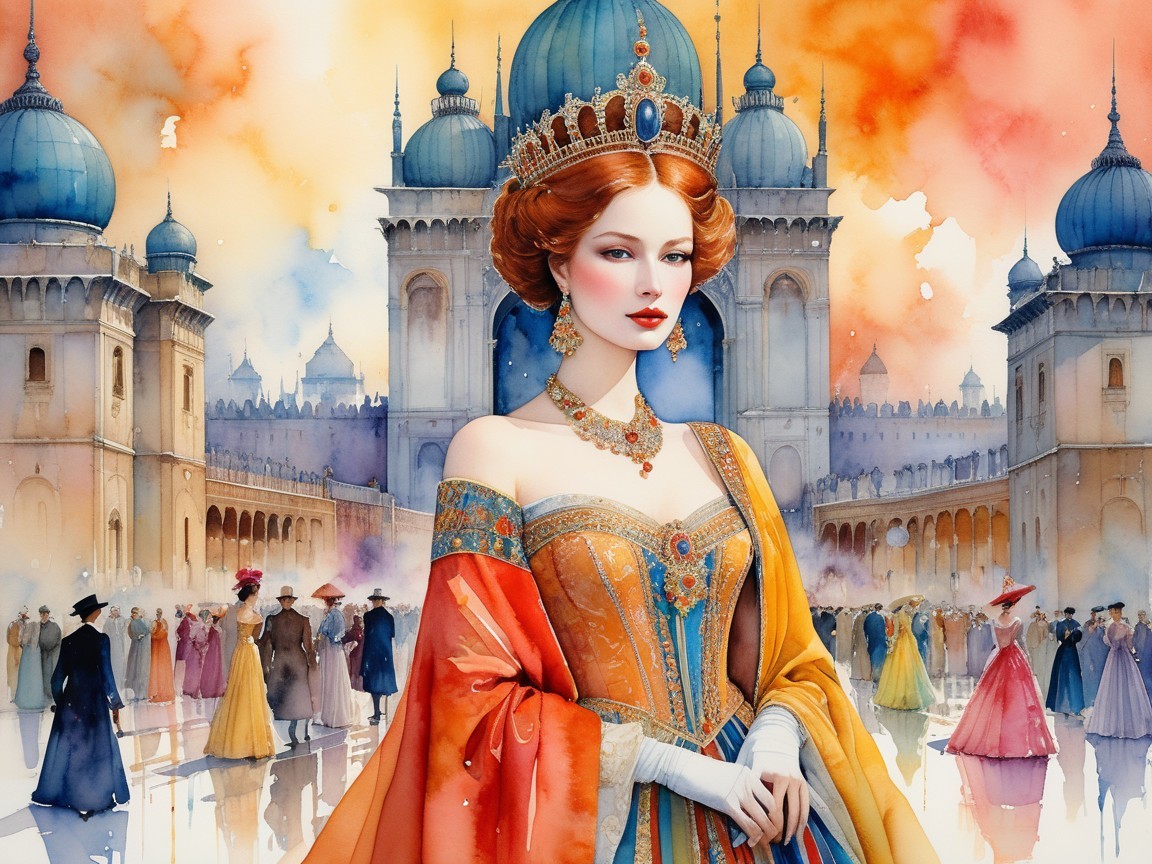 Regal Woman in Ornate Gown Against Majestic Backdrop