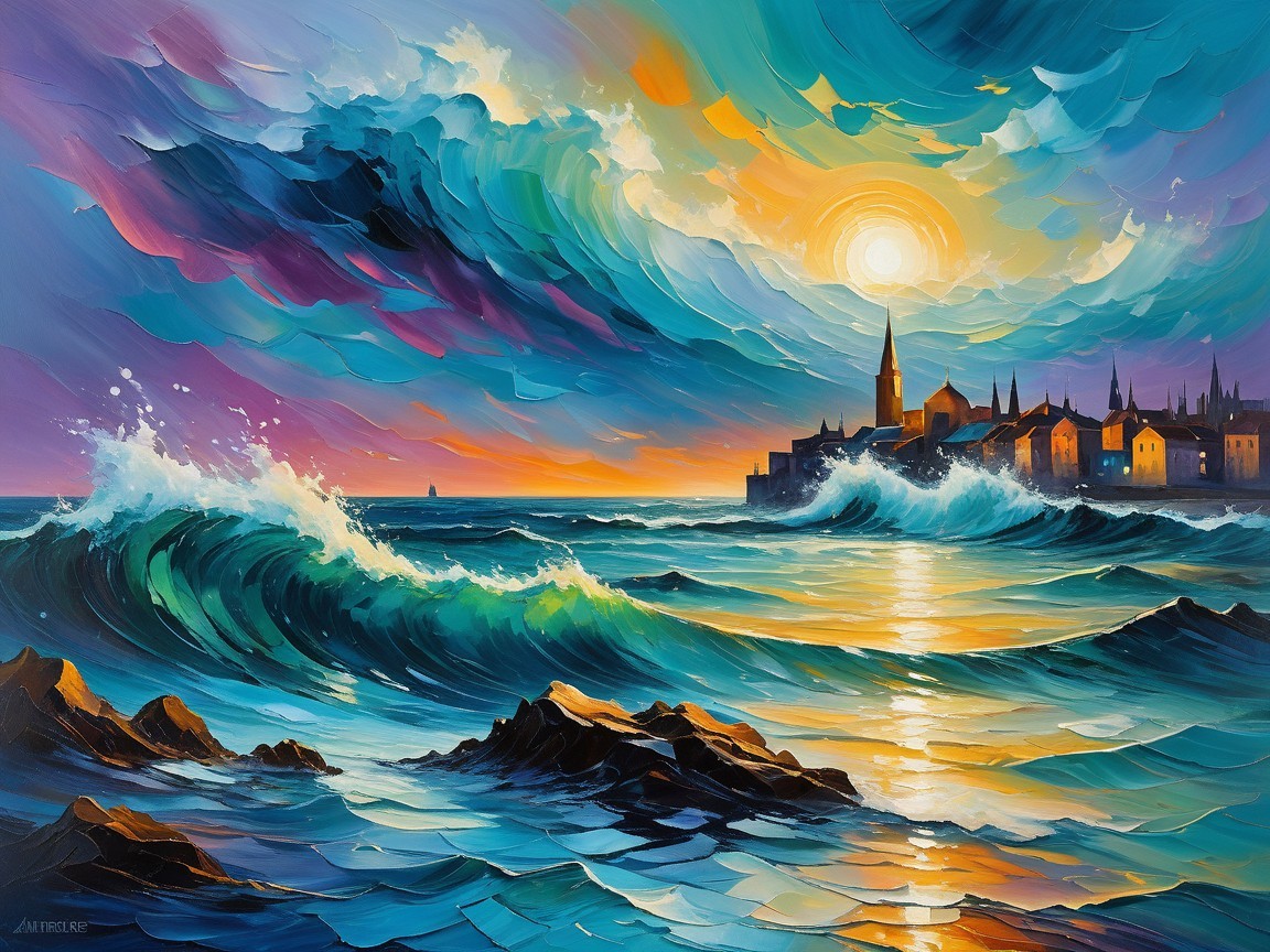 Vibrant Sunset Over Coastal Town with Dynamic Waves