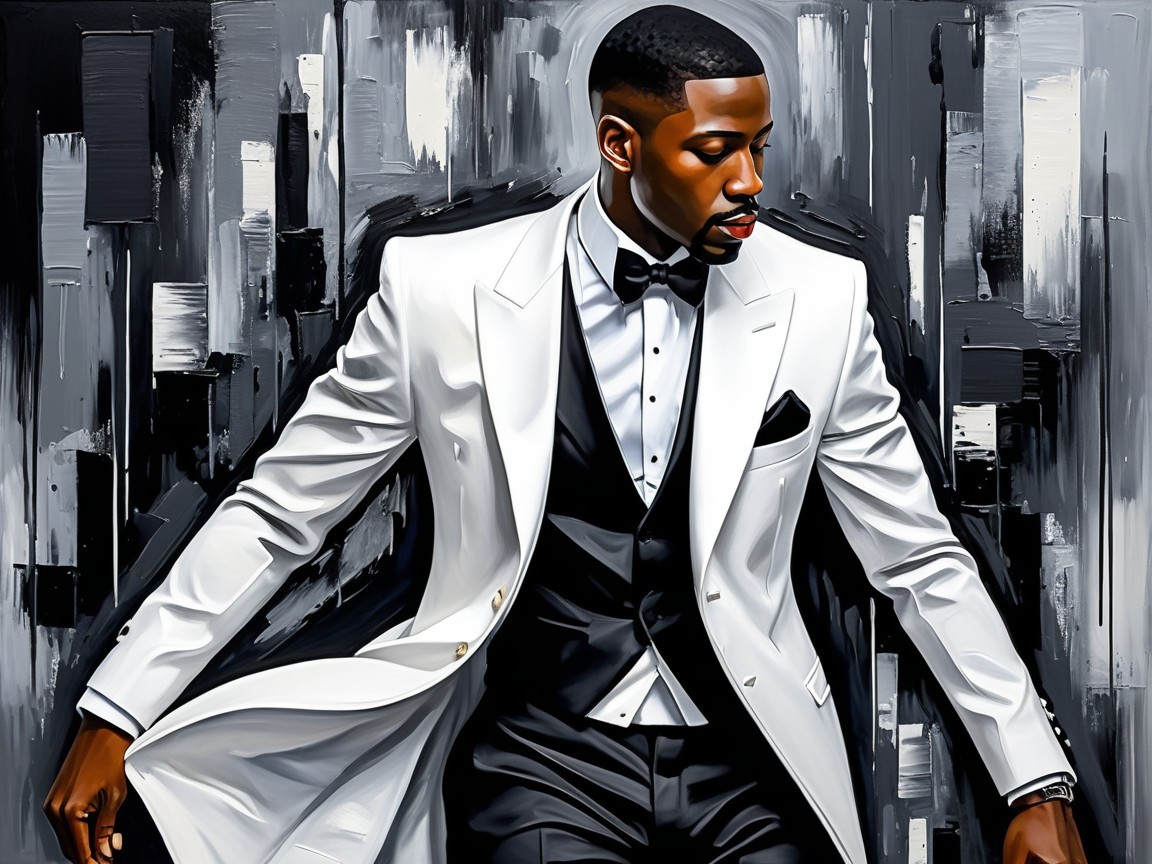 Elegant man in white tuxedo with abstract backdrop
