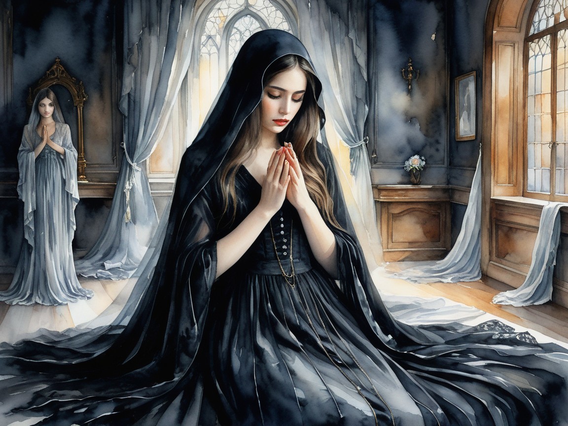 Young Woman in Black Dress Praying in Dim Room