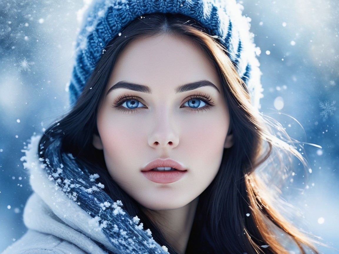 Woman with Blue Eyes in Snowy Winter Setting