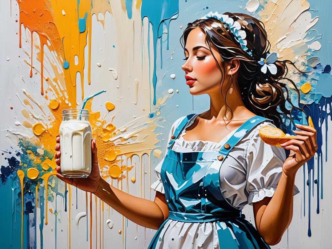 Young woman with milkshake and cookie in vibrant setting