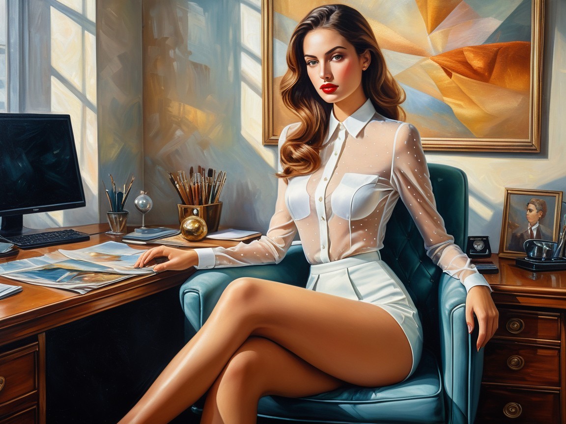 Stylish Woman in Elegant Office Space with Art Supplies