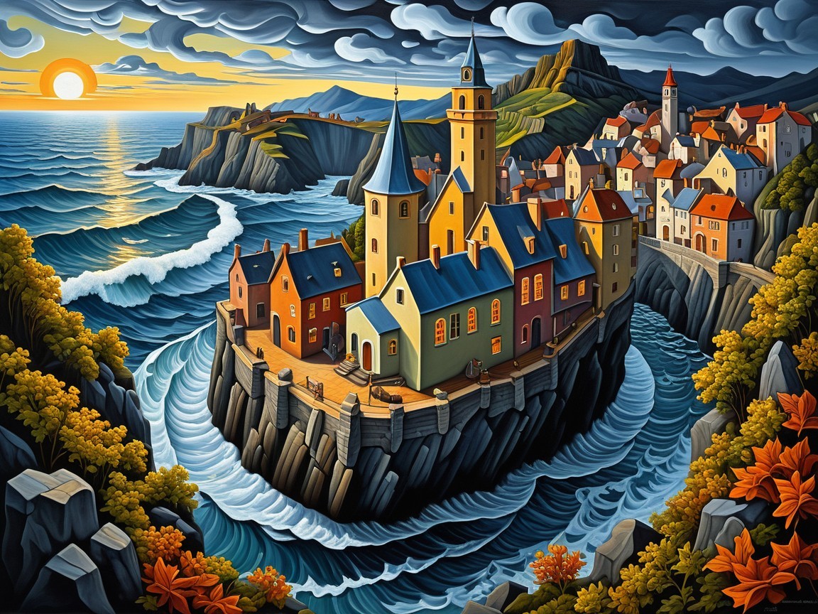 Vibrant Coastal Village on Rocky Cliffs at Sunset