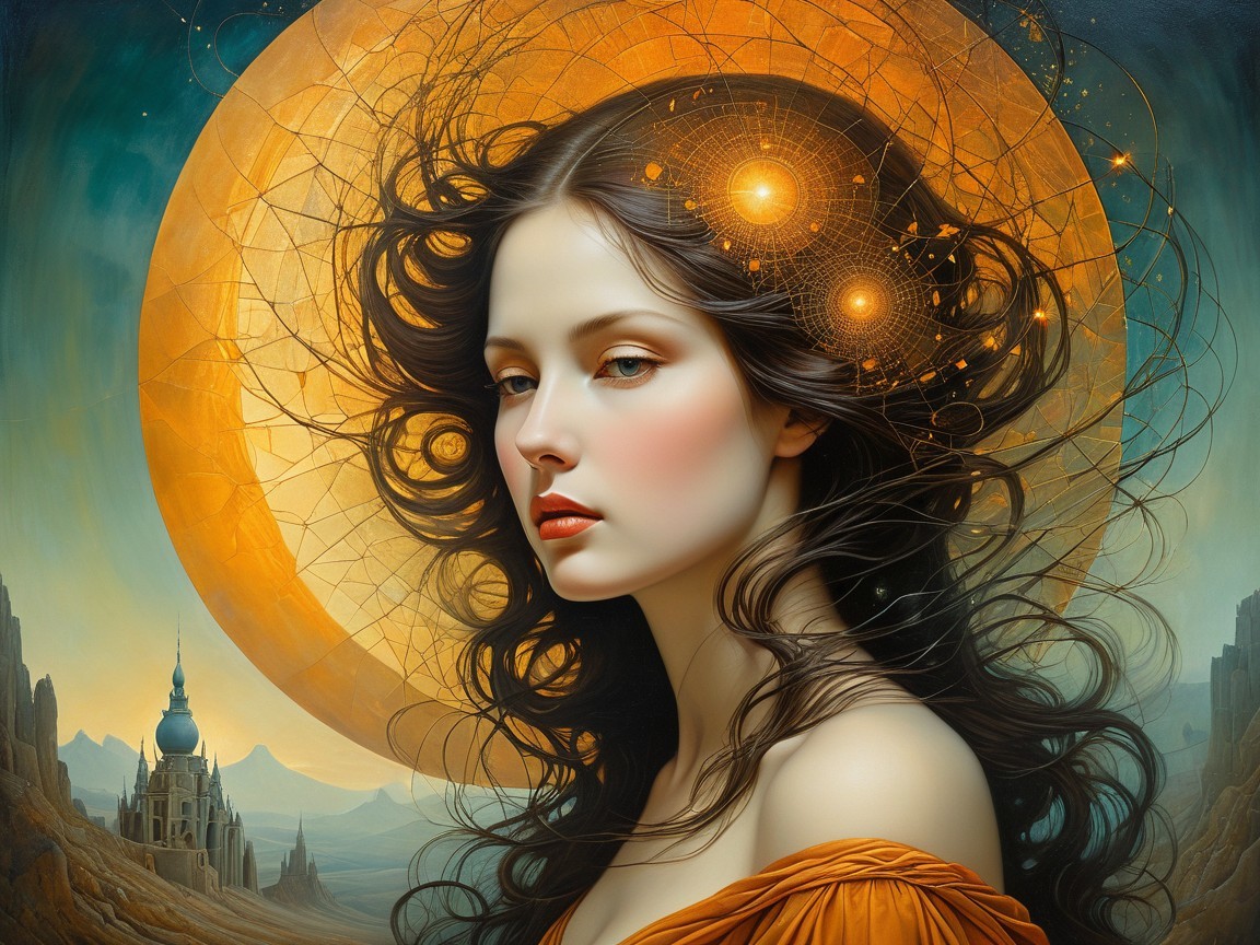 Mystical Woman in Surreal Landscape with Circular Motif