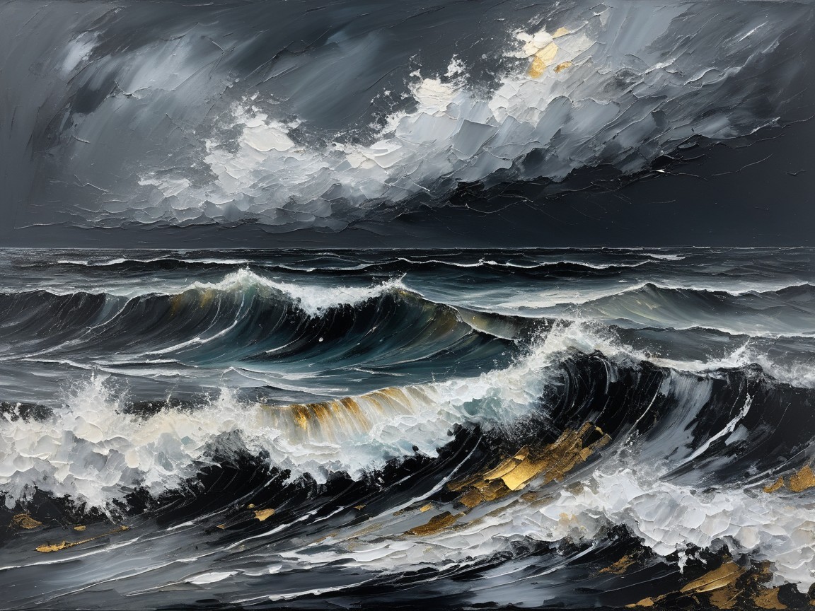 Painting of Tumultuous Ocean Waves and Stormy Skies
