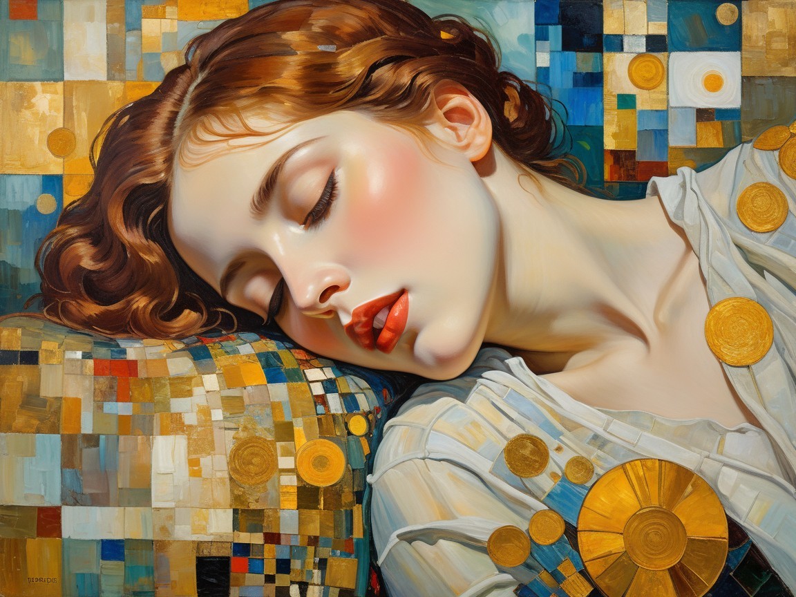 Serene Young Woman with Auburn Curls in Colorful Background