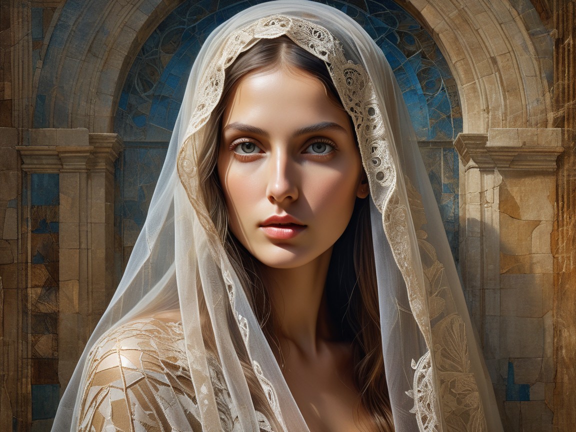 Serene Young Woman in Elegant Veil Against Architecture