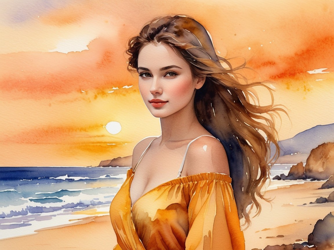 Young woman in yellow dress on beach at sunset