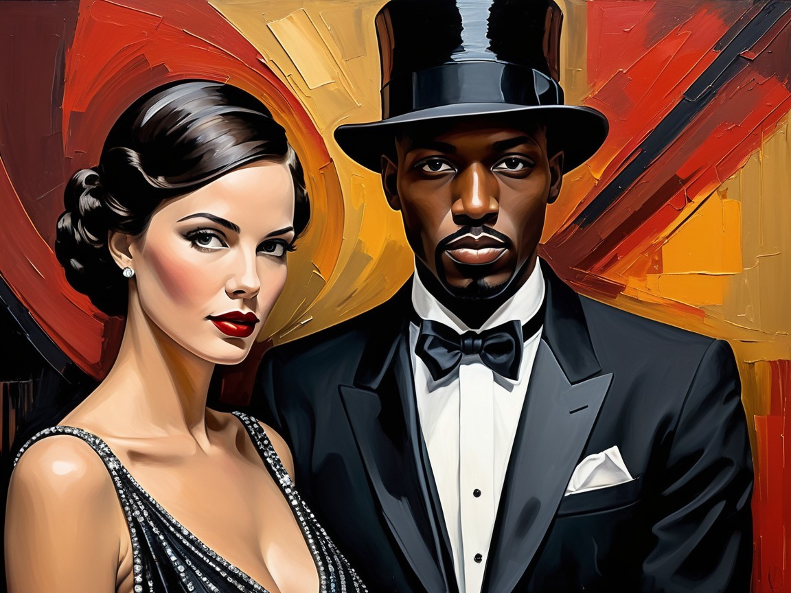 Glamorous Couple in Elegant Attire Against Abstract Backdrop