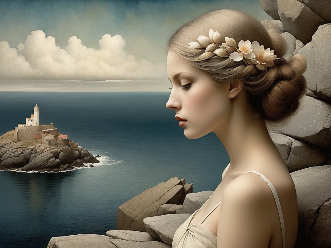 Ethereal Painting of Woman by Lighthouse in Sea