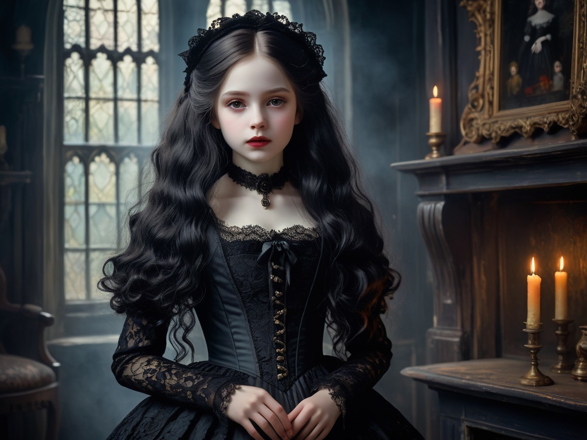 Gothic Room with Young Girl in Elegant Black Dress