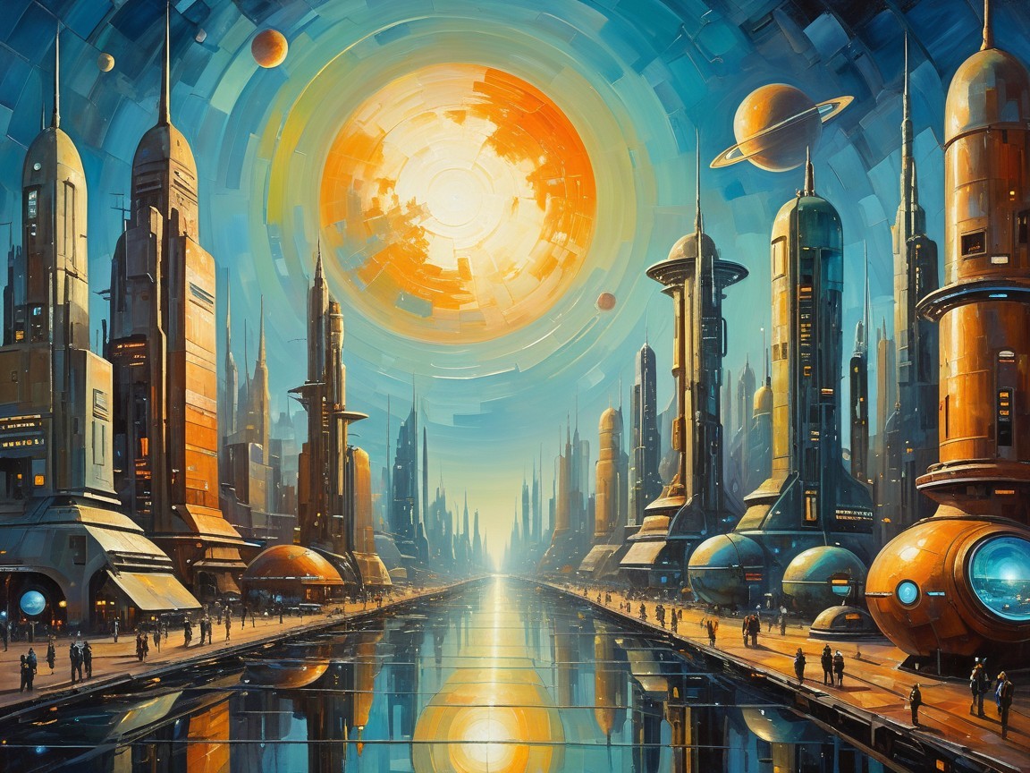 Futuristic cityscape with skyscrapers and waterways